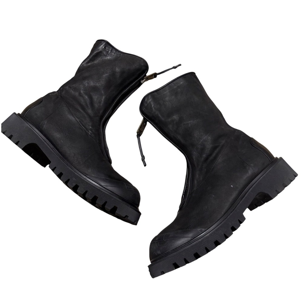 AS98 Men Black Leather Front Zip Lug Sole Boots combat Size 42 US 9 chunky